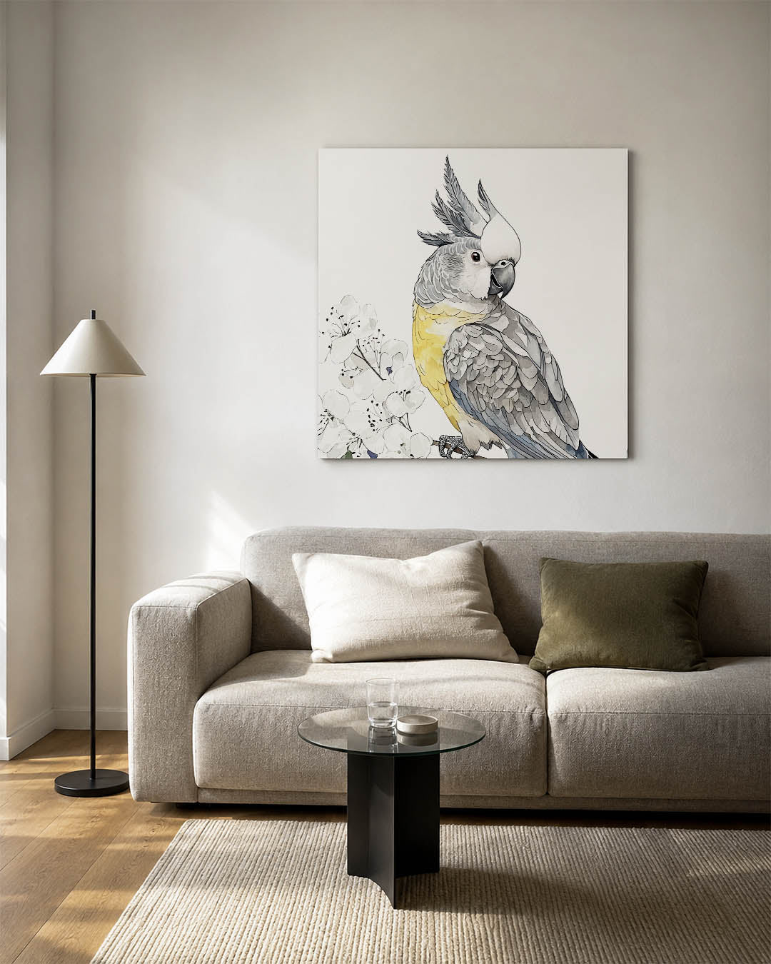 Vogels en bloemen kunstwerk – detailweergave – dit kunstwerk toont een gedetailleerde vogel met levendige veren naast