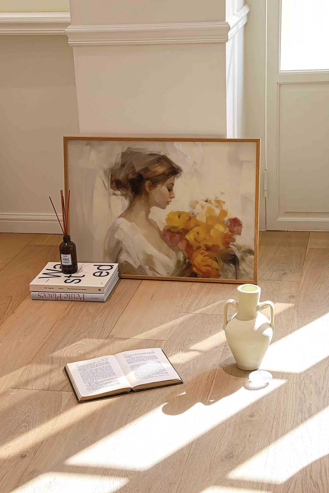 Vrouw met bloemen – liggende portret wanddecoratie van WallArtistic