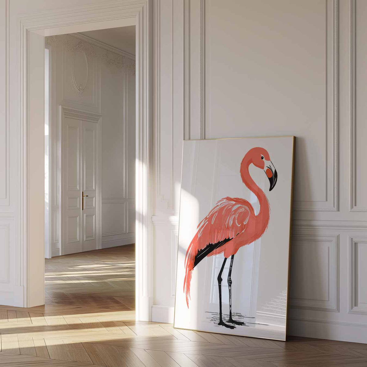 Flamingo Elegantie – dierenposter als moderne staande wanddecoratie