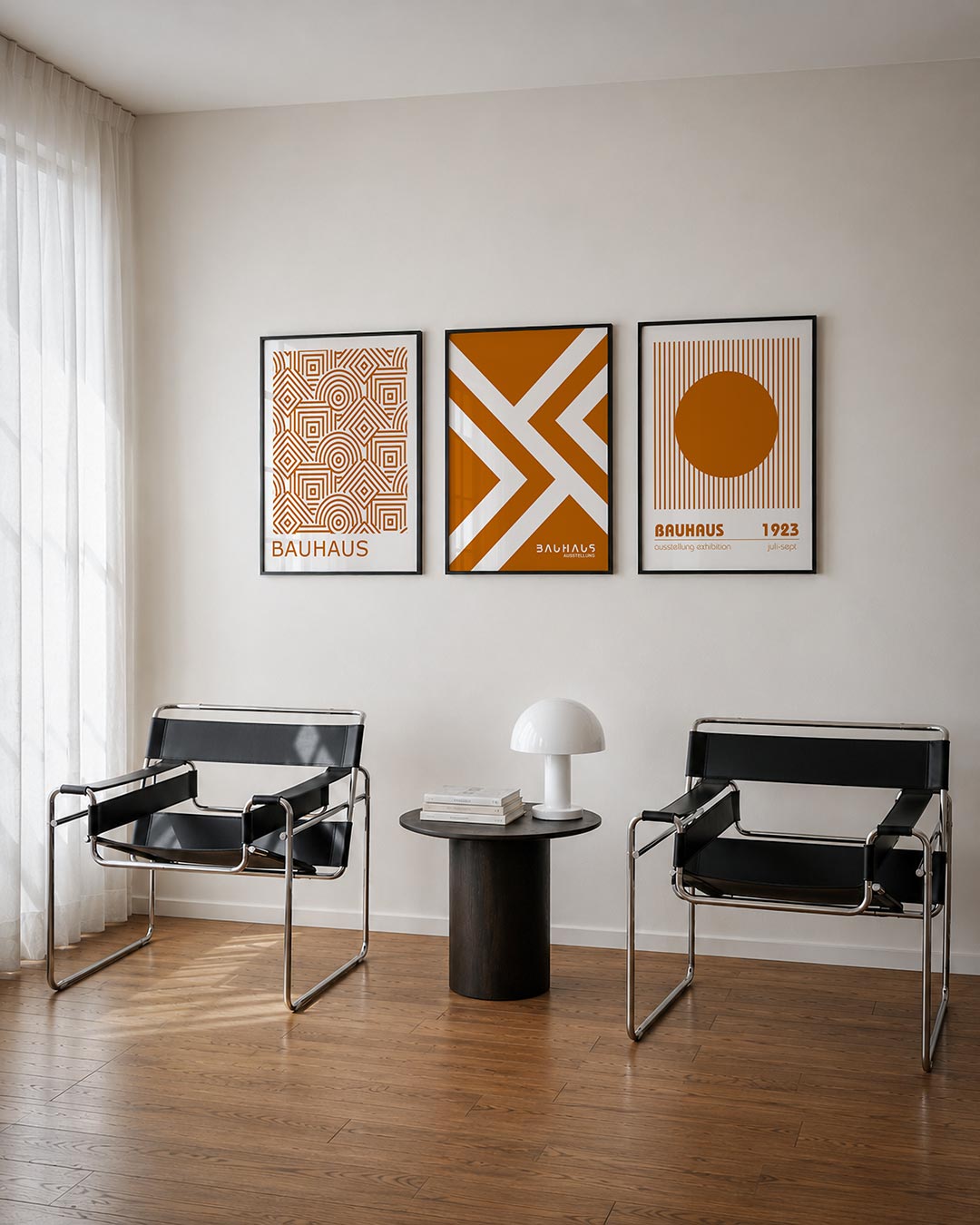 Lijnen en patronen driedelige posterset – deze posterset in drie delen toont een speels lijnenspel van oranje geometrische