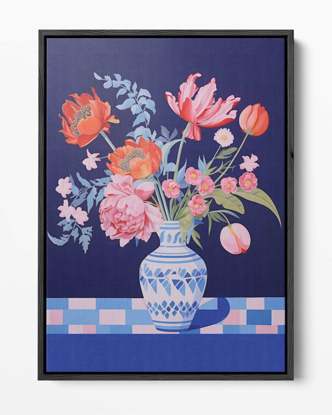 Bloemenpracht in Blauwe Vaas – portret kunstwerk als wanddecoratie