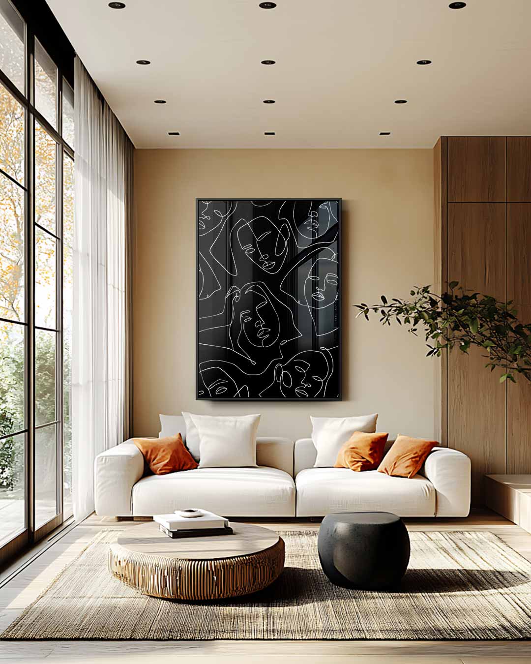 Lijngezichten op zwart – staand kunstwerk voor modern interieur