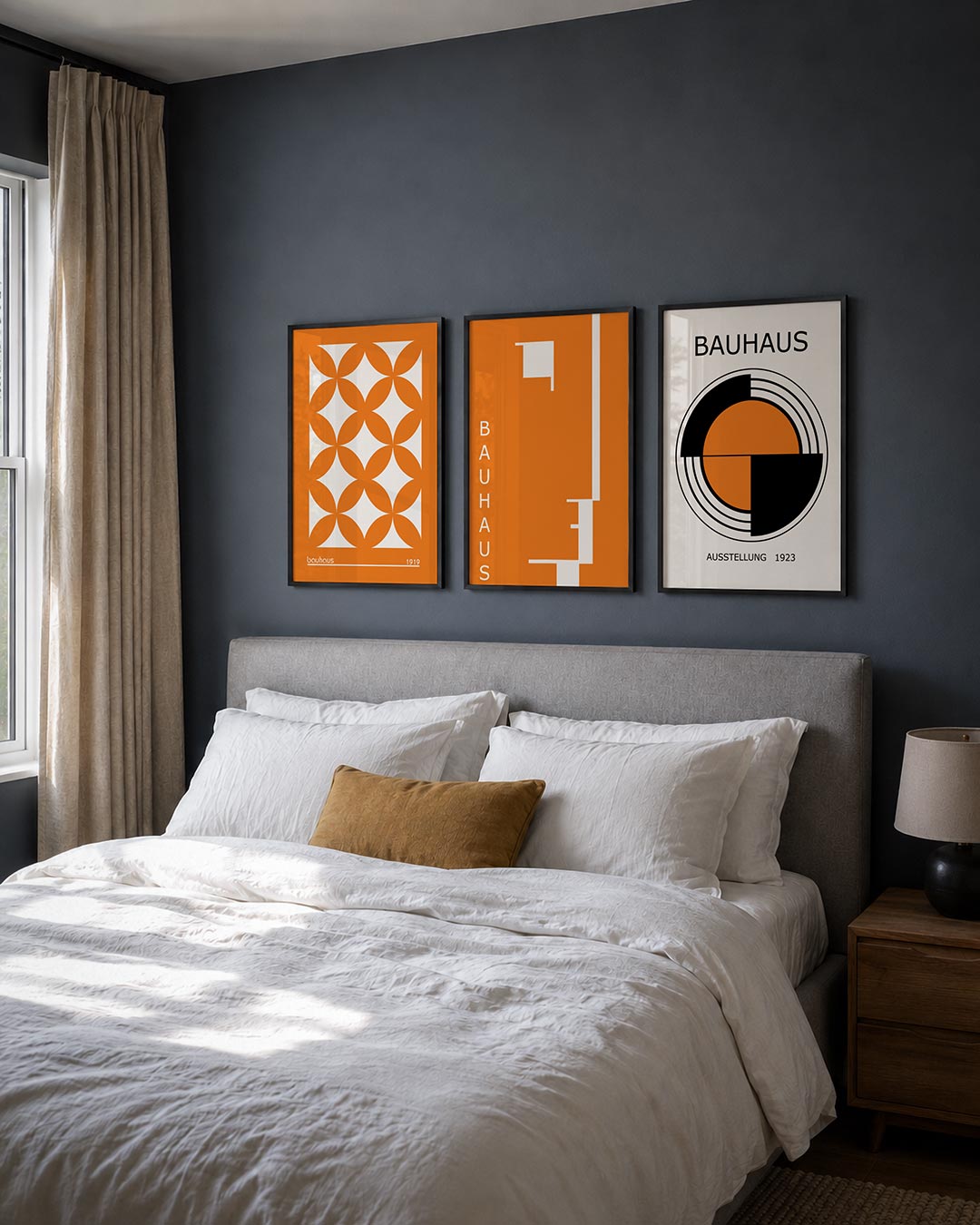 Oranje cirkelpatroon posterset – derde productweergave – deze posterset in drie delen toont een levendig oranje patroon van