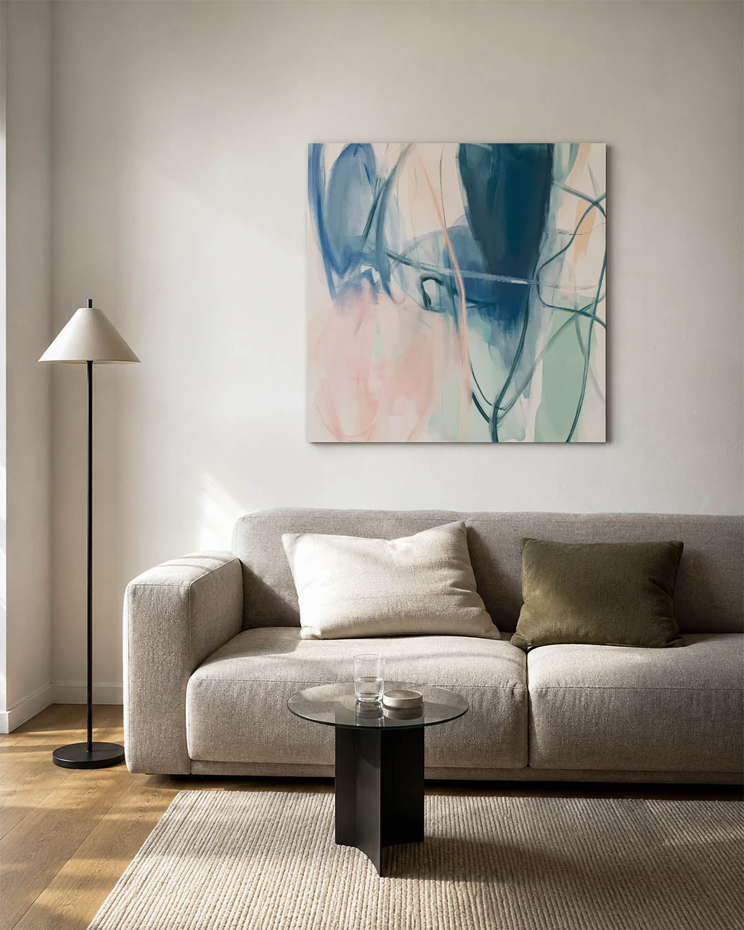 Vloeiende kleurencompositie kunstwerk – vierkante wanddecoratie – dit werk toont een dynamisch spel van vloeiende lijnen en