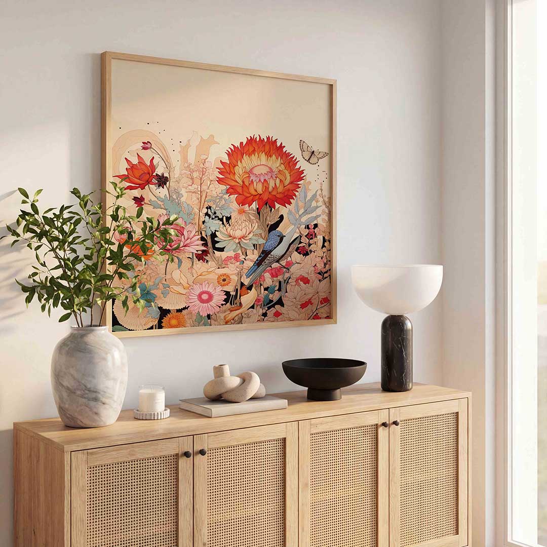 Bloemen en vogel – bloemen wandkunst als vierkante poster
