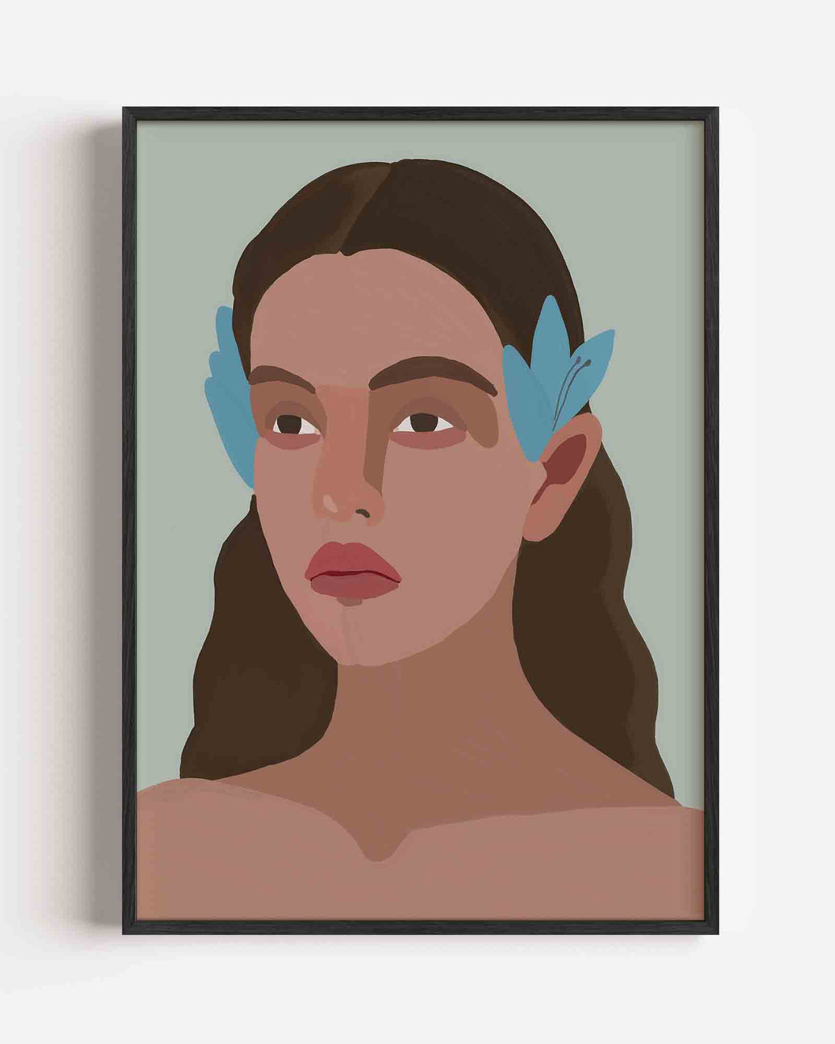Vrouw met blauwe accenten – hedendaagse illustratie portret poster als wanddecoratie