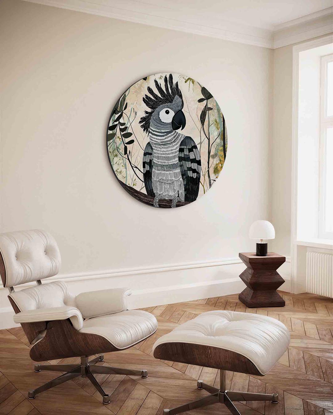 Papegaai op tak – kleurrijke ronde wanddecoratie van WallArtistic