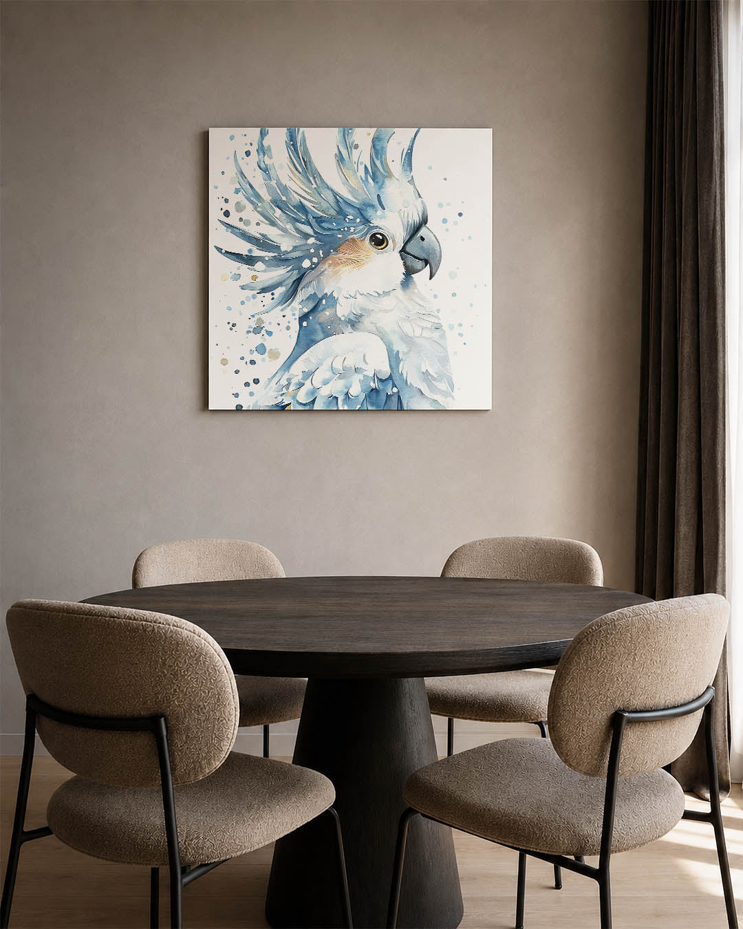 Vogelsilhouet met kleuren kunstwerk – derde productweergave – dit werk toont een vogel met dynamische lijnen en spatten van