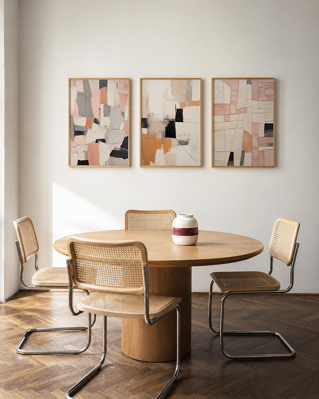 Vorm en kleurvlakken driedelige posterset in interieur