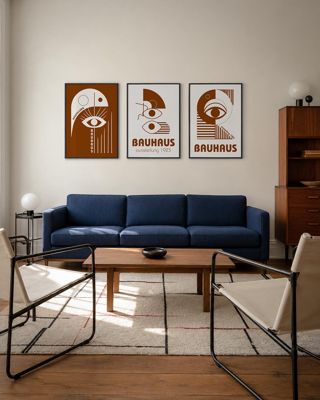 Oog en lijnen driedelige posterset – deze posterset in drie delen toont een wit oog met stralen op een bruine achtergrond.