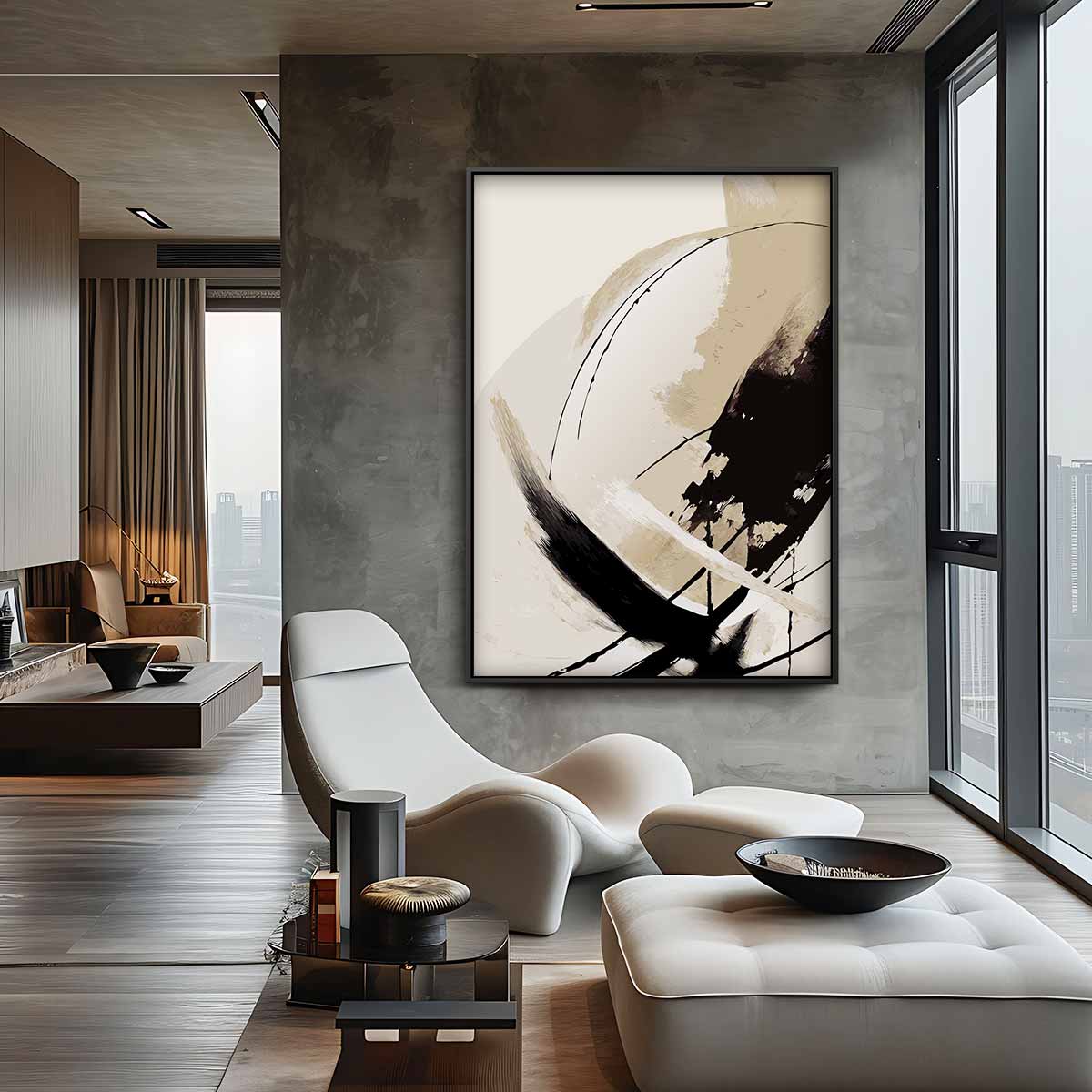 Dynamische Bewegingen in Beigetinten – canvas wanddecoratie in portret formaat