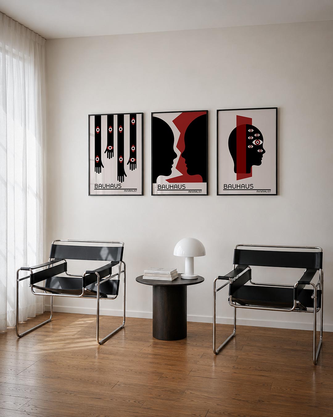Ogen en handen driedelige posterset – zwarte handen met rode ogen zweven verticaal op een lichte achtergrond. De compositie