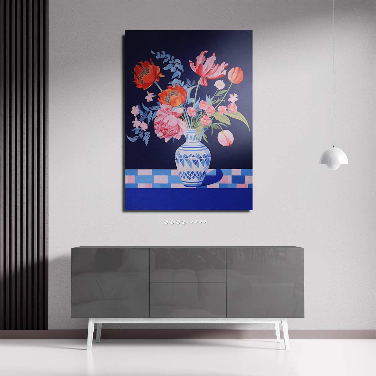 Bloemenpracht in Blauwe Vaas – staande wandkunst voor woonkamer of interieur