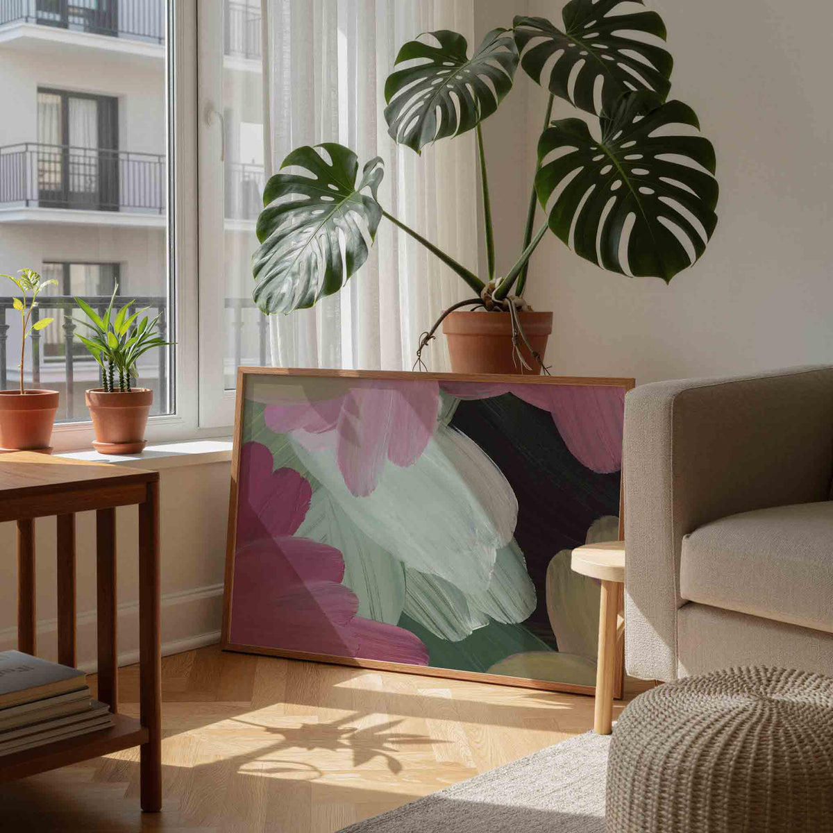 Bloemvormen in roze en groen – schilderkunst als moderne landscape poster