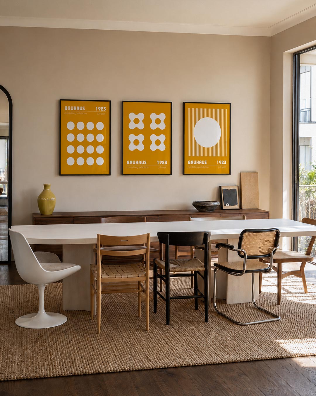 Cirkelpatroon en kleur driedelige posterset – deze posterset in drie delen toont een levendig oranje vlak met een raster van