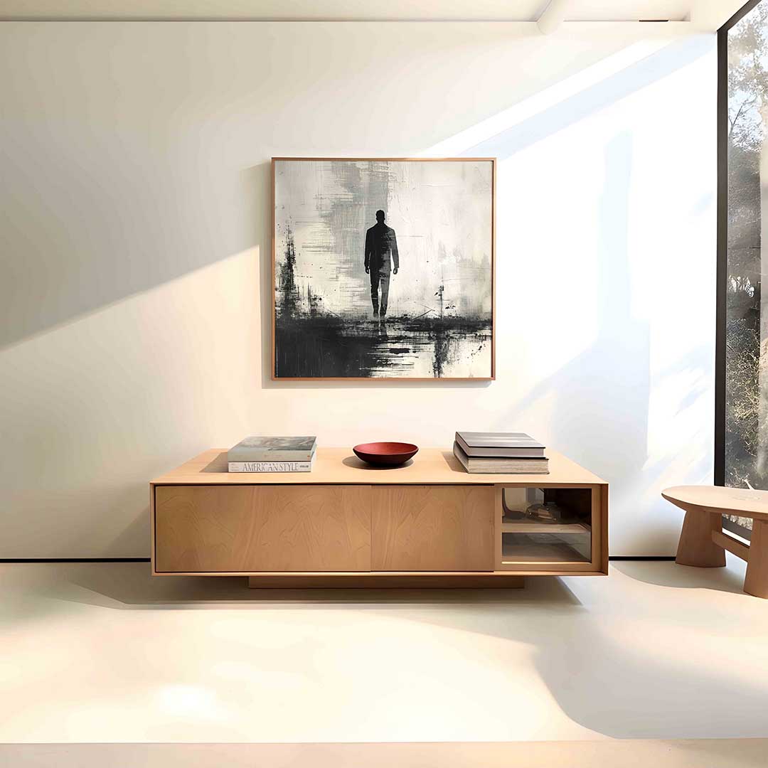 Silhouet van wandelende man – vierkante abstracte wanddecoratie van WallArtistic