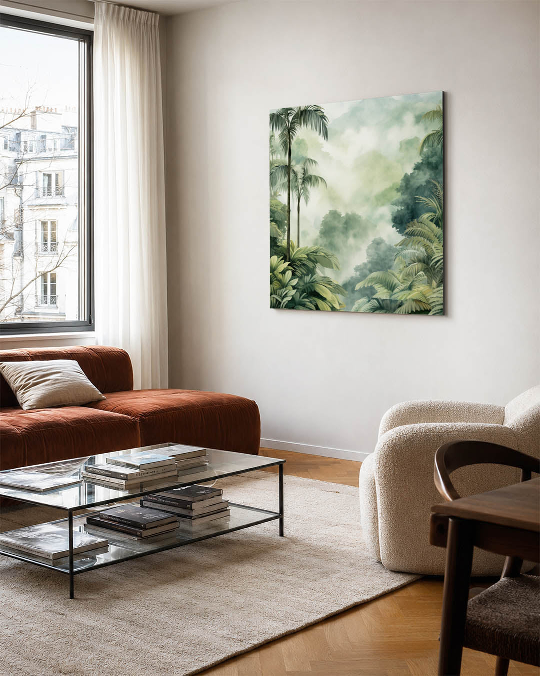 Tropisch boslandschap kunstwerk – vierkante wanddecoratie – dit werk toont een weelderig bos met hoge palmbomen en dichte