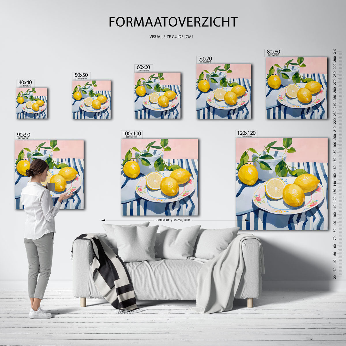Citroenen op gestreept tafelkleed – vierkante muurposter voor keuken of eethoek