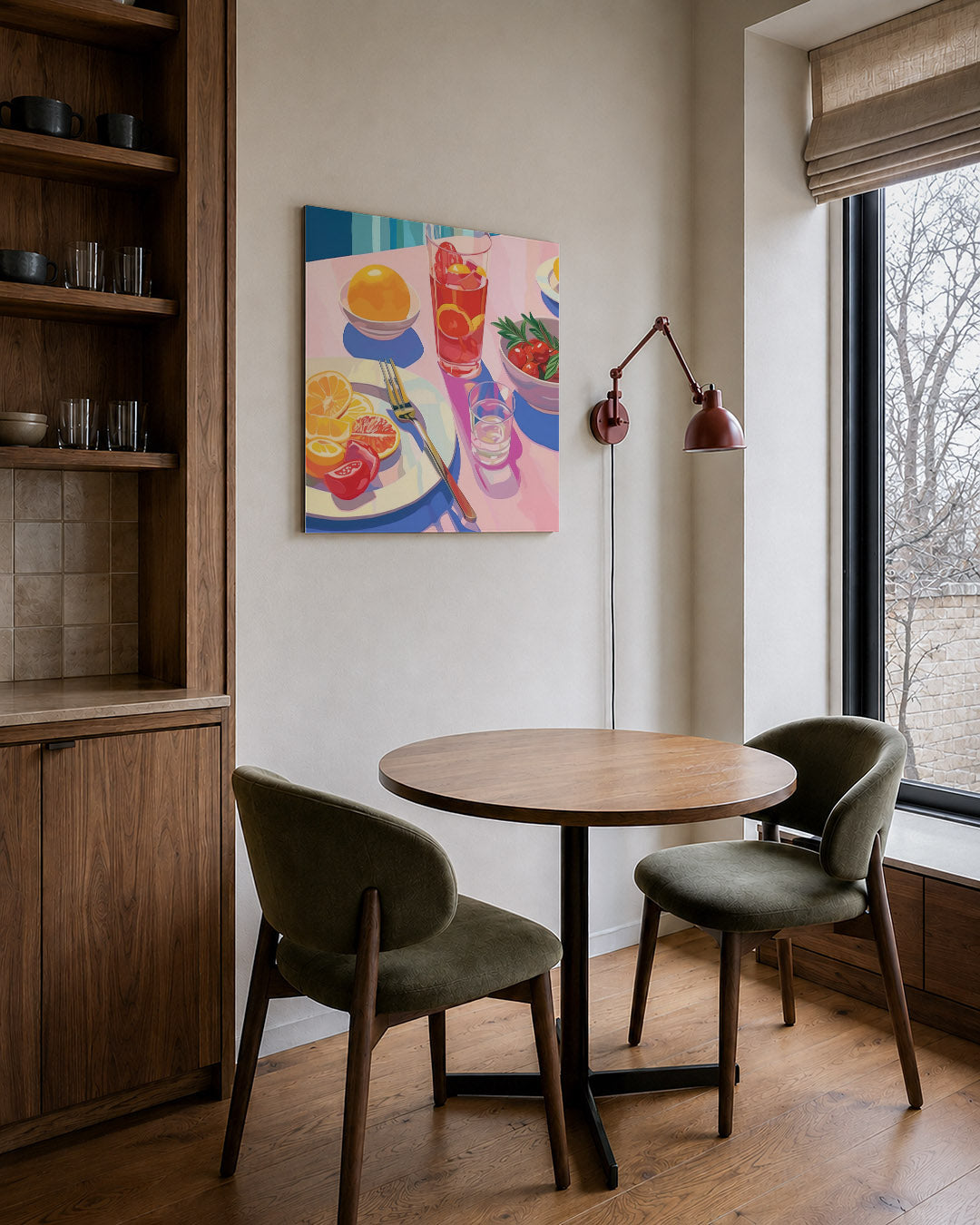 Levendige tafelsetting kunstwerk – derde productweergave – dit toont een kleurrijke tafel met fruit en drankjes. Heldere