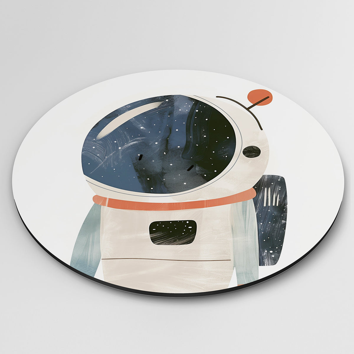 Astronaut in ruimtepak Muurcirkel – detailweergave – Een astronaut in een wit ruimtepak met een donkerblauwe helm vol