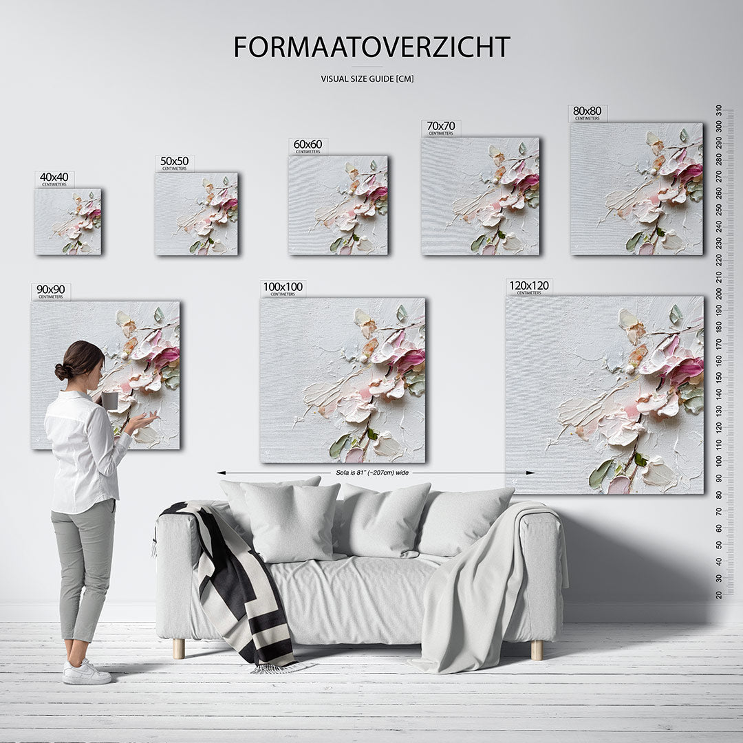 Bloemtextuur op doek kunstwerk – materiaalweergave – dit werk toont een subtiele compositie van bloemen in zachte tinten, met