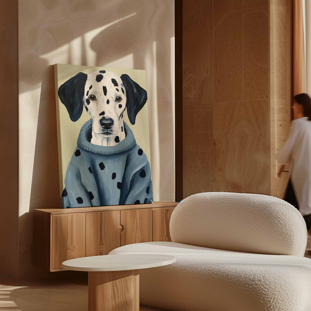 Stijlvolle Dalmatiër in Blauwe Trui – modern portret kunstwerk van WallArtistic