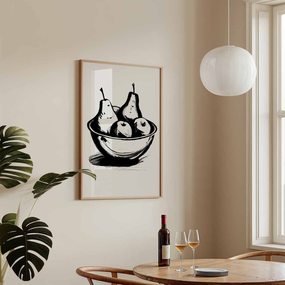 Elegante Zwart-Wit Fruitschaal – keukenposter in staand formaat