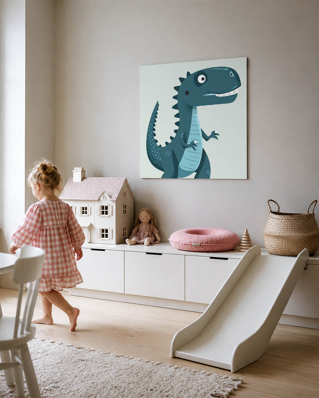 Speelse dino illustratie kunstwerk – tweede productweergave – dit werk toont een speelse dinosaurus met een glimlach. De