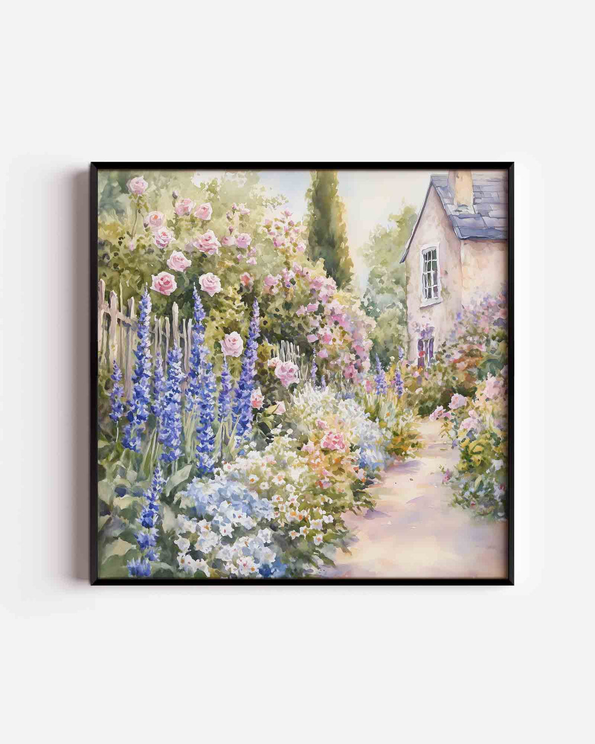 Bloementuin en huis – vierkante kinderposter als wanddecoratie