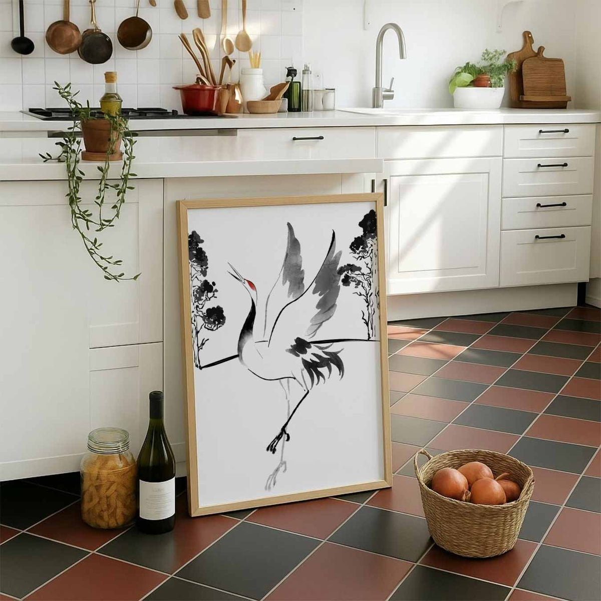 Dansende Kraanvogel Kunstposter – staande muurposter met zomerse uitstraling