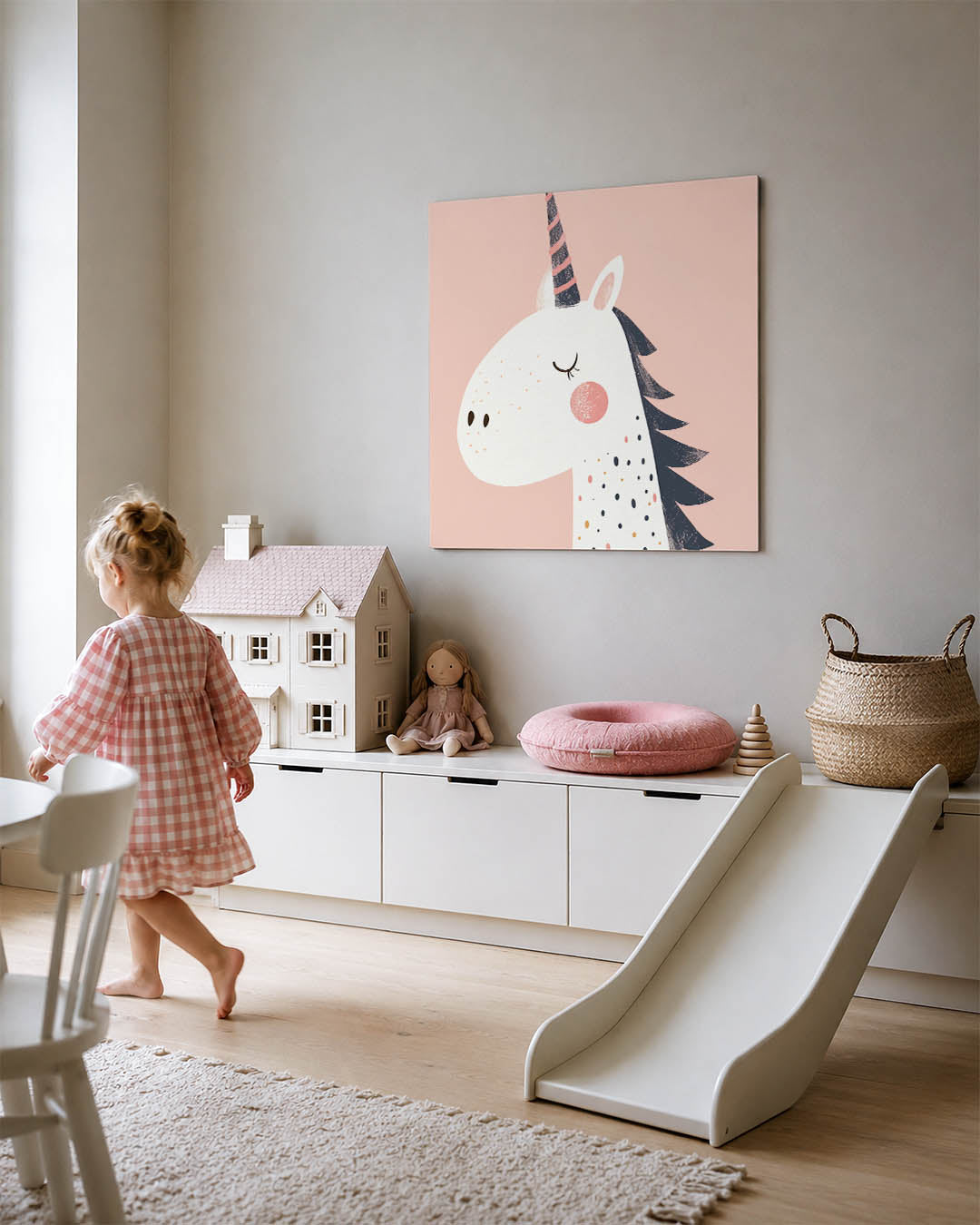 Dromerige eenhoorn illustratie kunstwerk – tweede productweergave – dit kunstwerk toont een schattige eenhoorn met gesloten