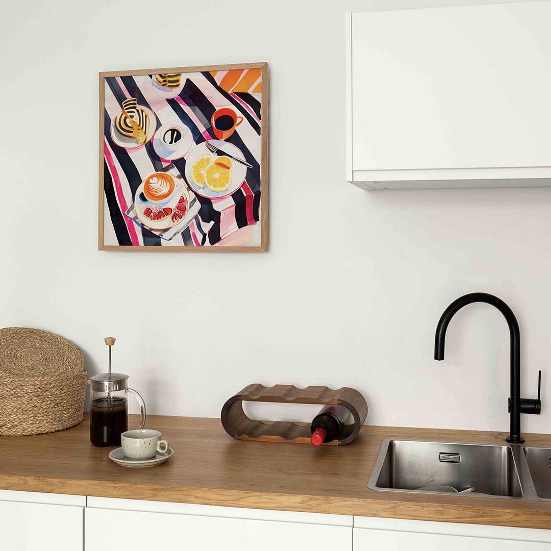 Ontbijt met koffie en fruit – keukenposter in vierkant formaat