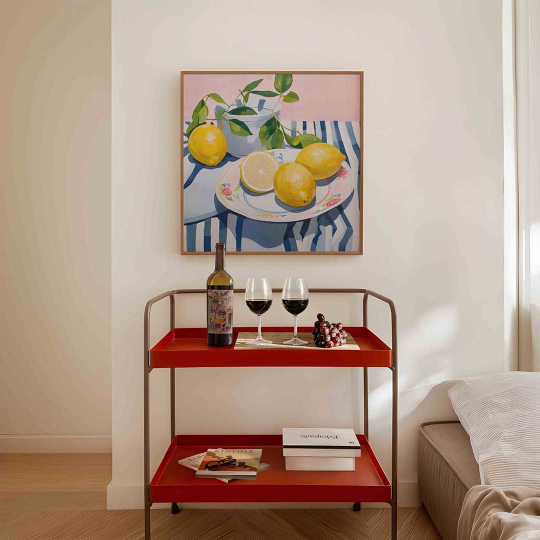 Citroenen op gestreept tafelkleed – vierkante keuken wanddecoratie van WallArtistic