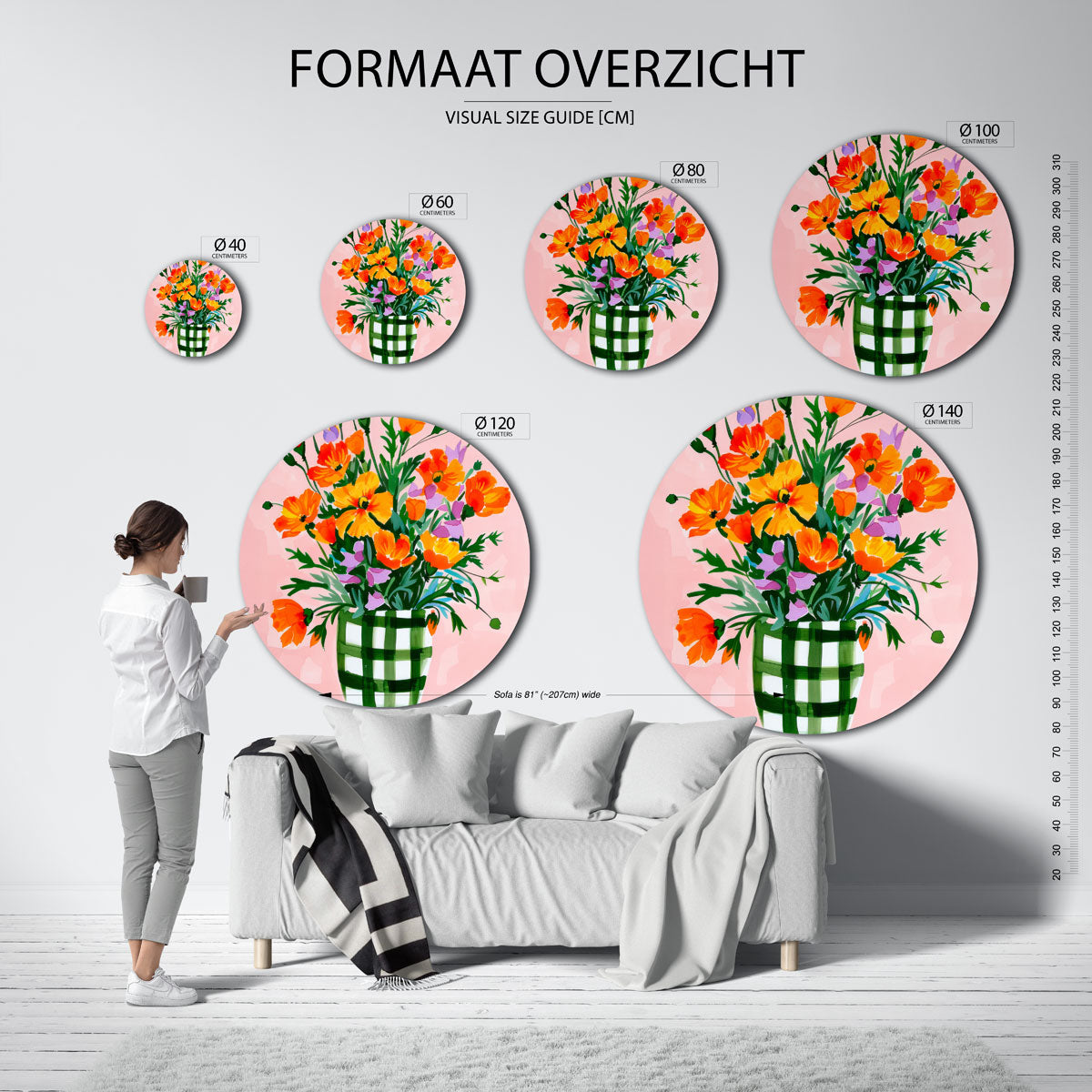 Bloemen in vaas – geïllustreerde wandkunst als moderne muurcirkel