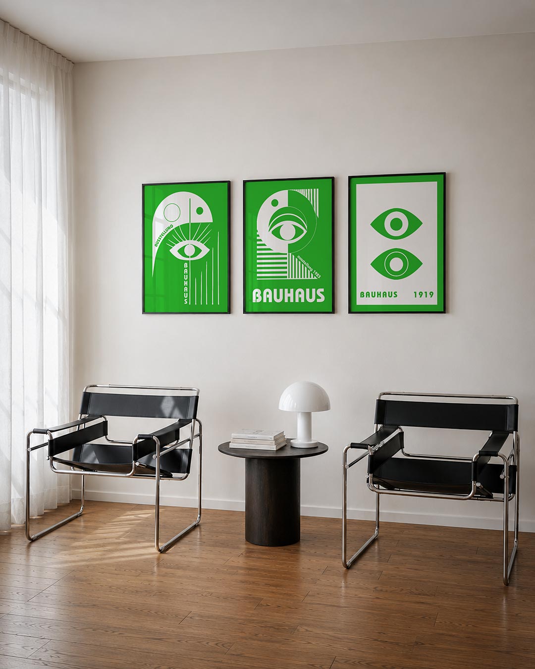 Oog en lijnen posterset – tweede productweergave – deze posterset in drie delen toont een wit oog met stralen op een groene