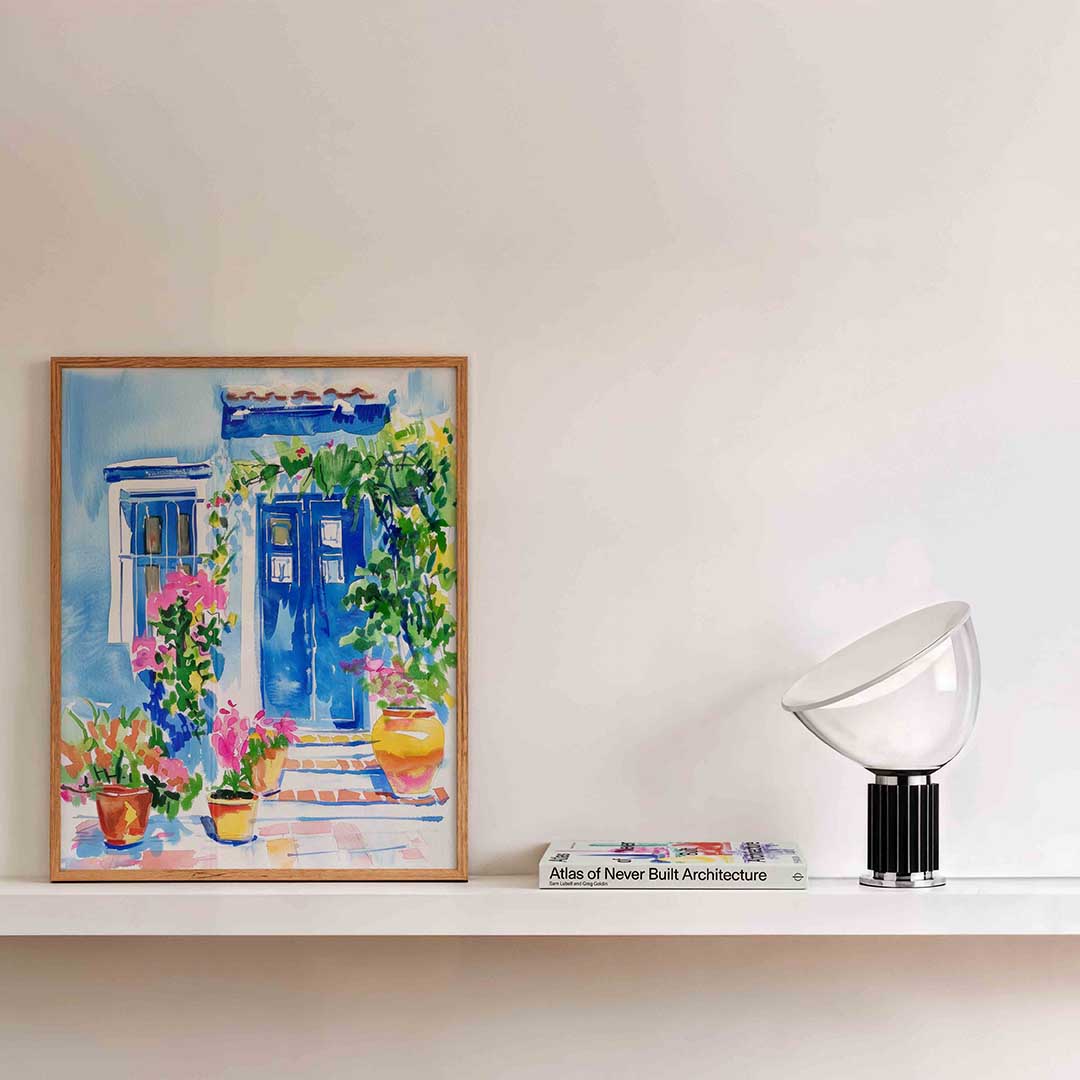 Blauwe deur en bloemen – kleurrijke illustratie als portret poster