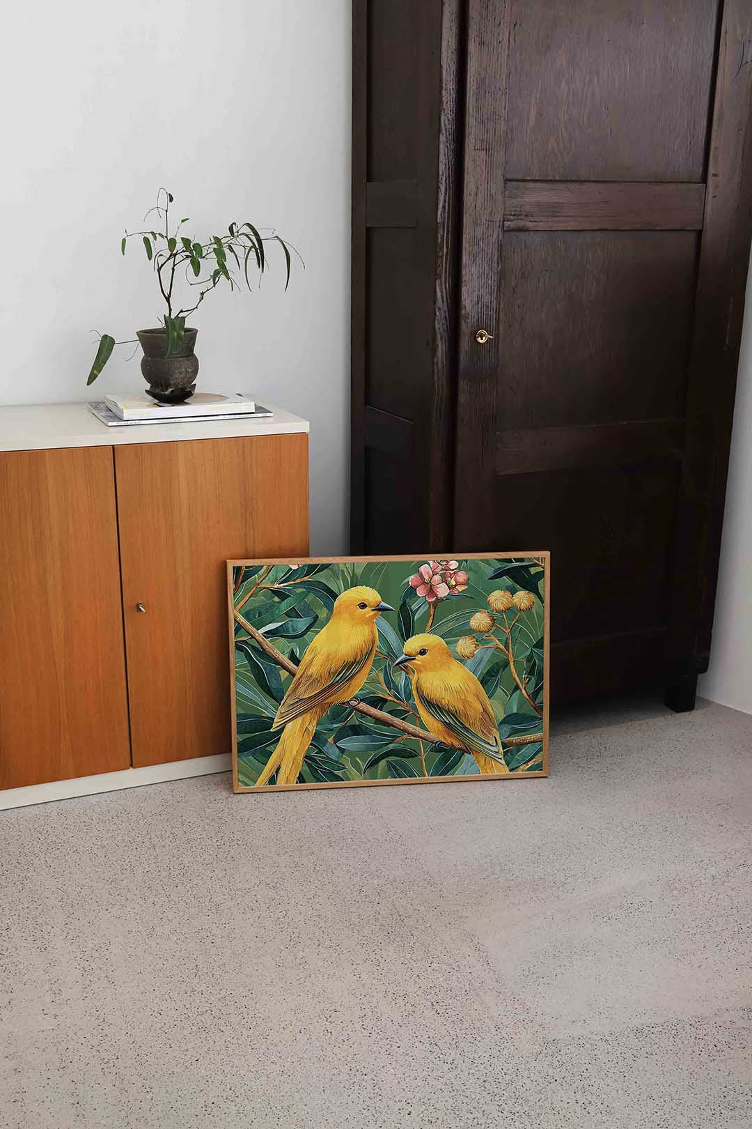 Gele vogels en bladeren – dierenillustratie als landscape poster