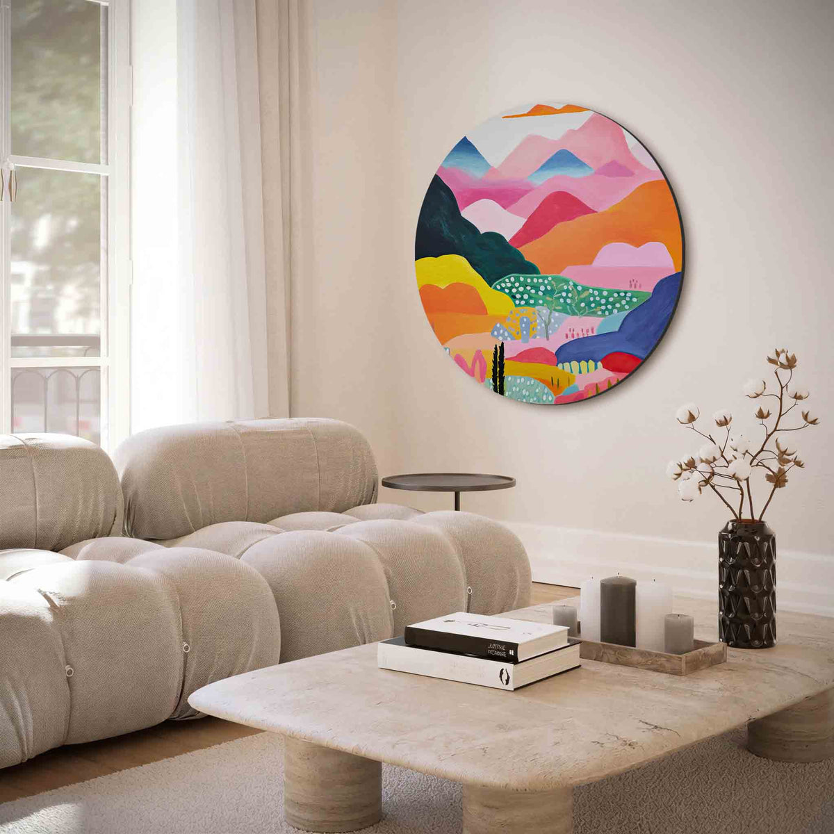 Berglandschap – muurcirkel met abstracte texturen voor aan de muur