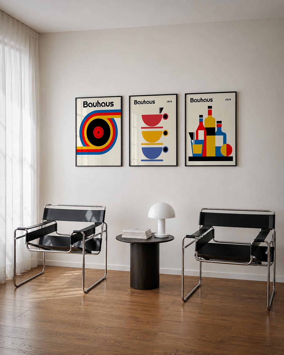Kleurrijke cirkelpatronen driedelige posterset – deze posterset in drie delen toont levendige cirkels en lijnen in rood, geel