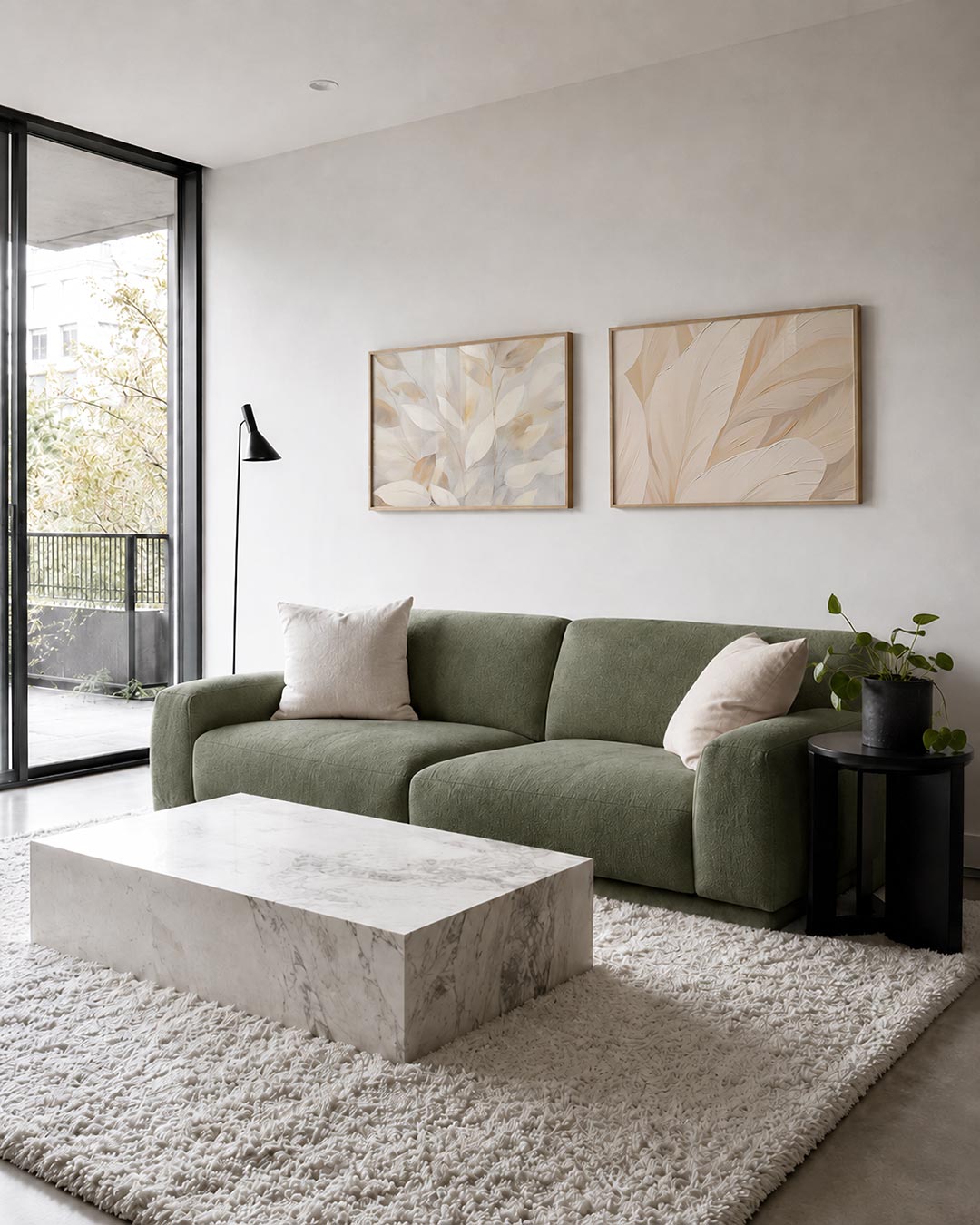 Twee liggende posters met zachte, vloeiende bladvormen in lichte beige en crèmetinten, aan de muur in een interieur