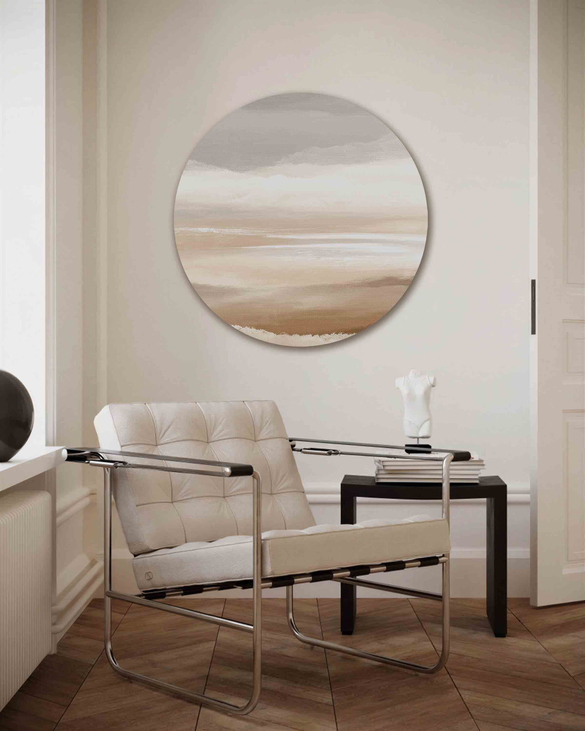 Landschap in beige – vrouwelijk portret muurcirkel als wanddecoratie
