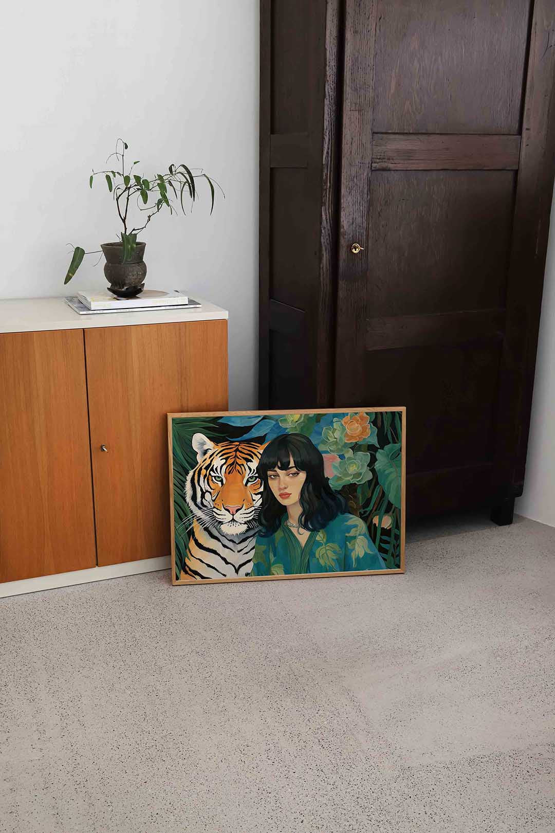 Tijger en vrouw – dierenillustratie als landscape poster