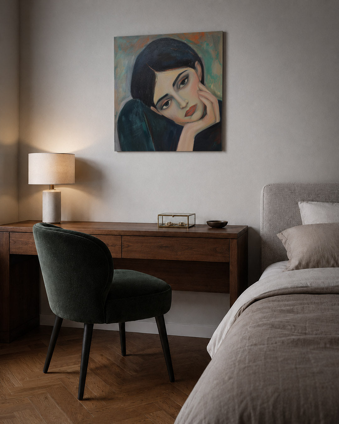 Dromerige blik kunstwerk – sfeerbeeld – dit kunstwerk toont een vrouw met een dromerige blik. De zachte penseelstreken en