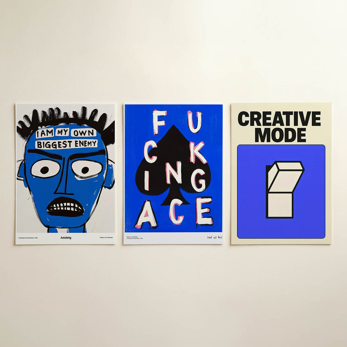 Kleurvlakken driedelige posterset in interieur
