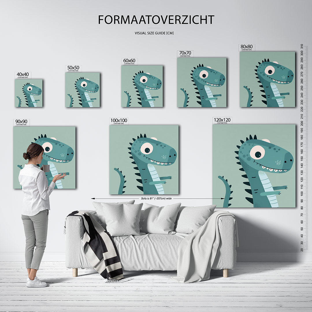 Speelse dinosaurus illustratie kunstwerk – sfeerbeeld – dit kunstwerk toont een speelse dinosaurus met grote ogen en een