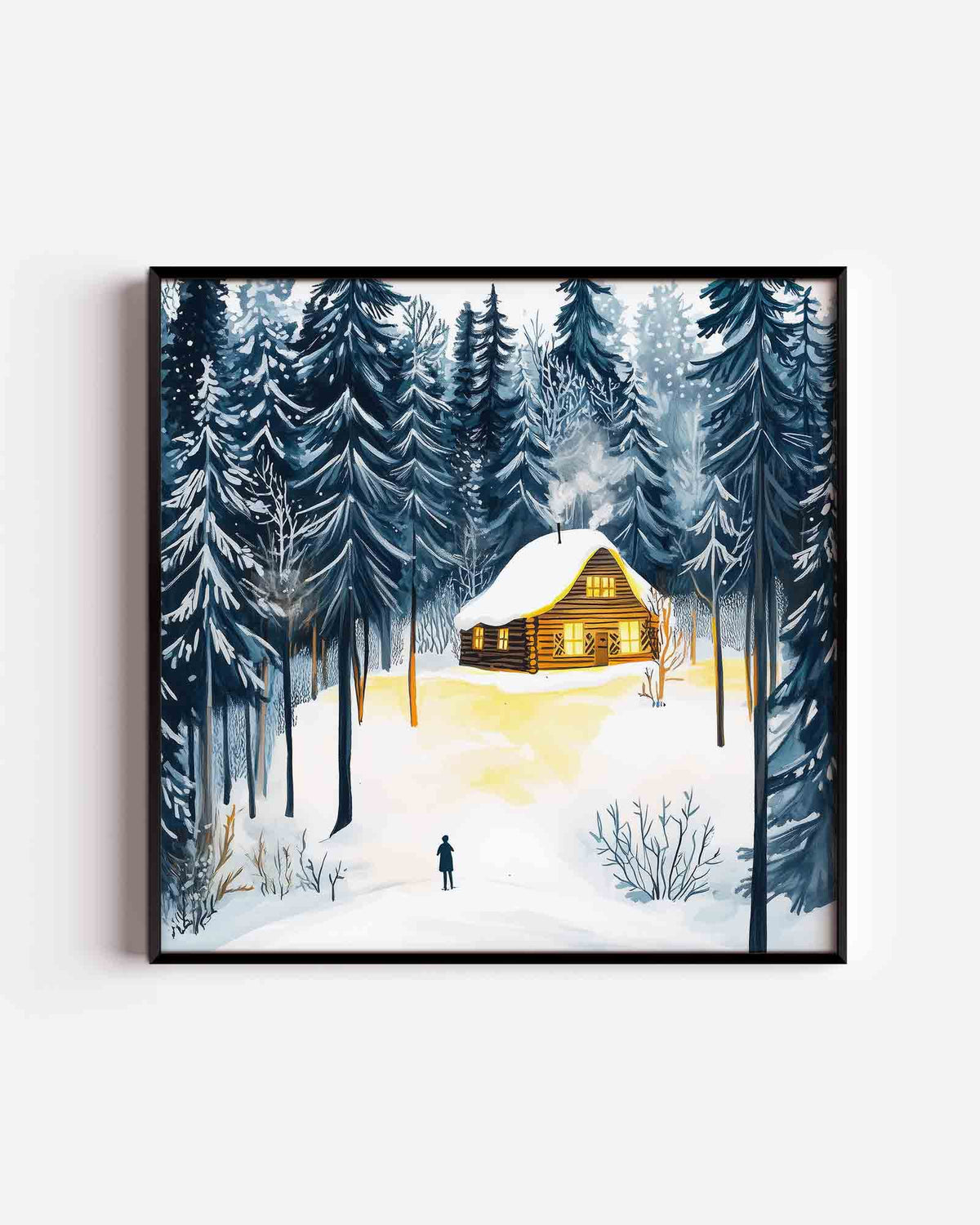 Sneeuwlandschap met houten huis – vierkante kinderposter als wanddecoratie