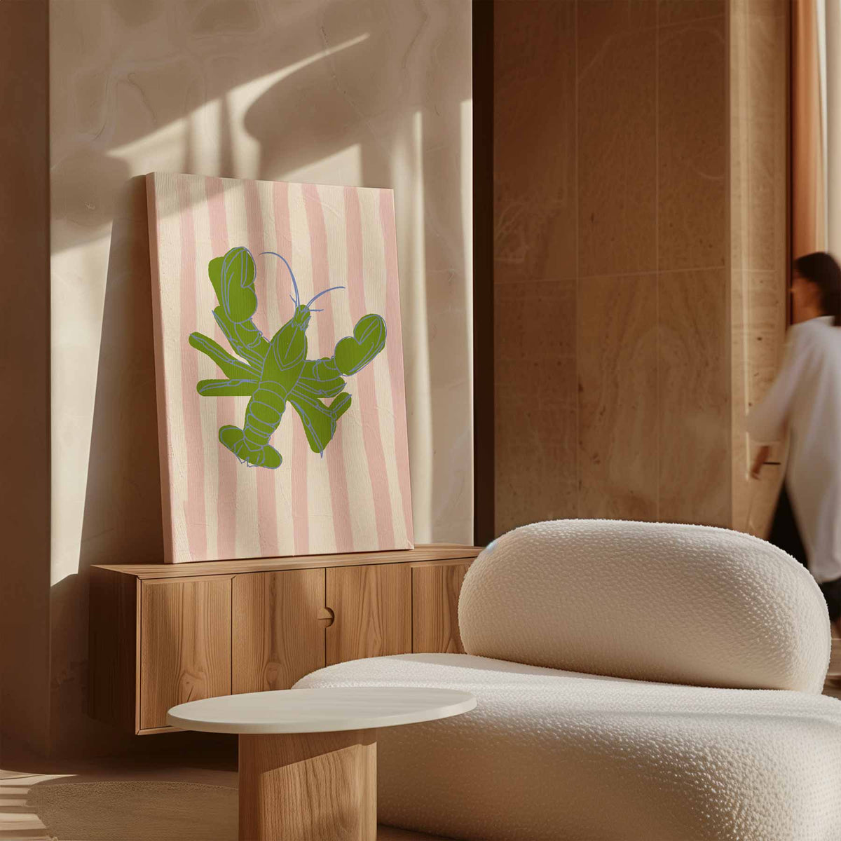 Groene Kreeft op Strepen – plexiglas kunstwerk als wanddecoratie