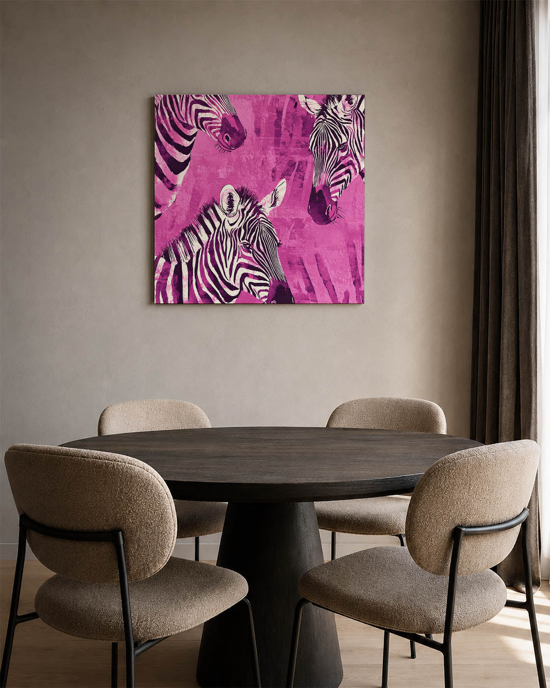 Zebra's in levendige tinten kunstwerk – derde productweergave – dit werk toont zebra's met opvallende strepen tegen een