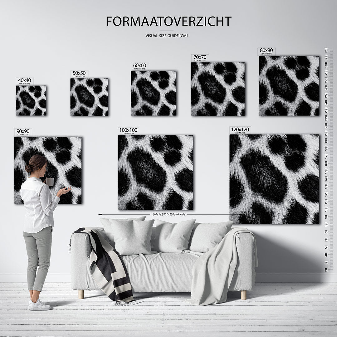 Dierlijke patronen kunstwerk – dit kunstwerk toont een close-up van een vacht met contrasterende zwarte en witte vlekken. De