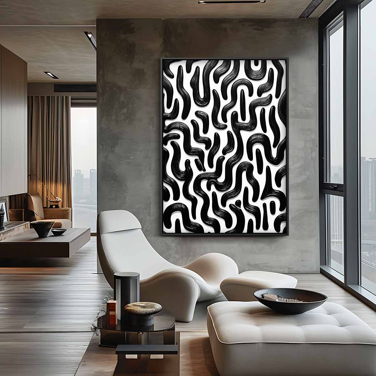 Dynamische Zwarte Stroom – canvas wanddecoratie in portret formaat